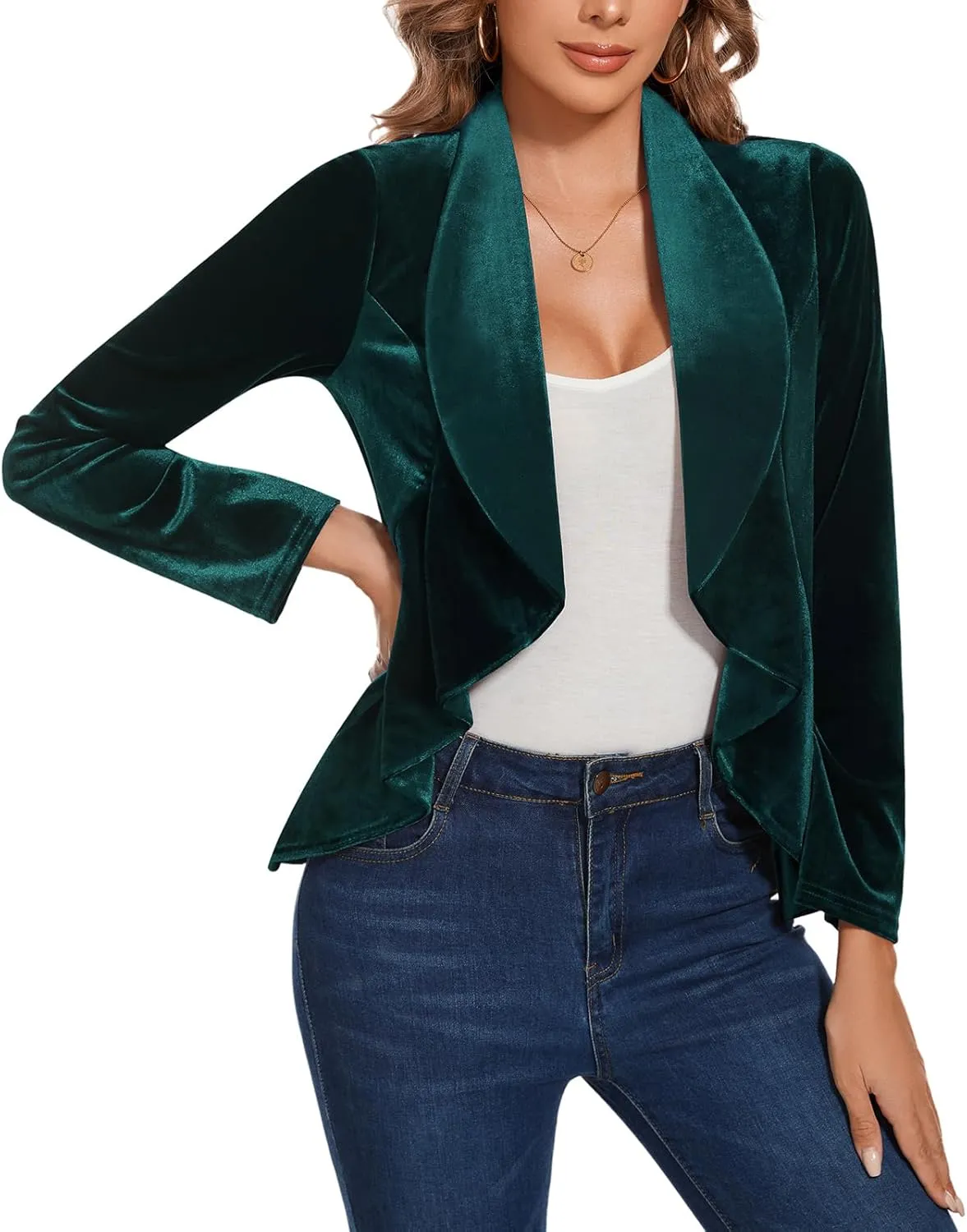 MINTLIMIT Velvet Blazers for Women Casual Work Office Long Sleeve Open Front Cardigan Ruffle Suit Jacket Coat Blazer