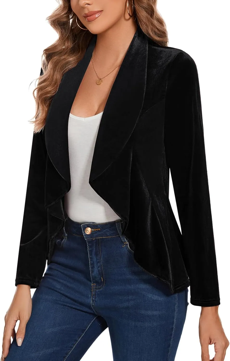 MINTLIMIT Velvet Blazers for Women Casual Work Office Long Sleeve Open Front Cardigan Ruffle Suit Jacket Coat Blazer