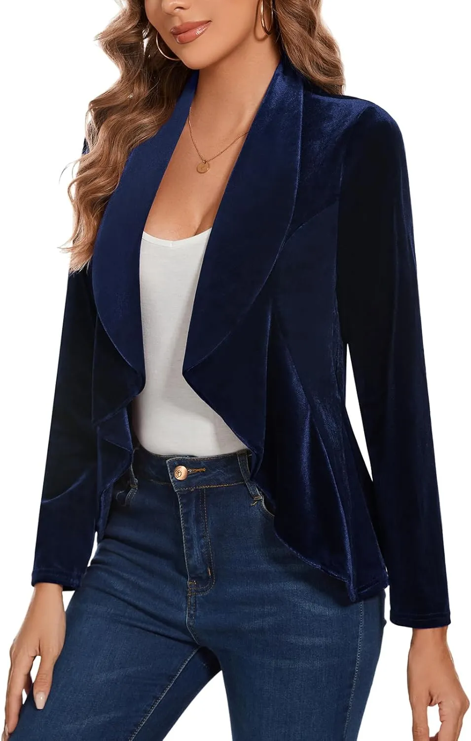 MINTLIMIT Velvet Blazers for Women Casual Work Office Long Sleeve Open Front Cardigan Ruffle Suit Jacket Coat Blazer