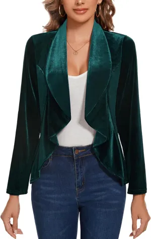 MINTLIMIT Velvet Blazers for Women Casual Work Office Long Sleeve Open Front Cardigan Ruffle Suit Jacket Coat Blazer
