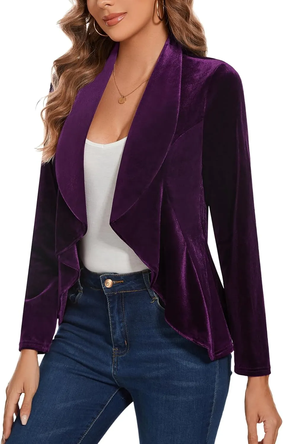 MINTLIMIT Velvet Blazers for Women Casual Work Office Long Sleeve Open Front Cardigan Ruffle Suit Jacket Coat Blazer