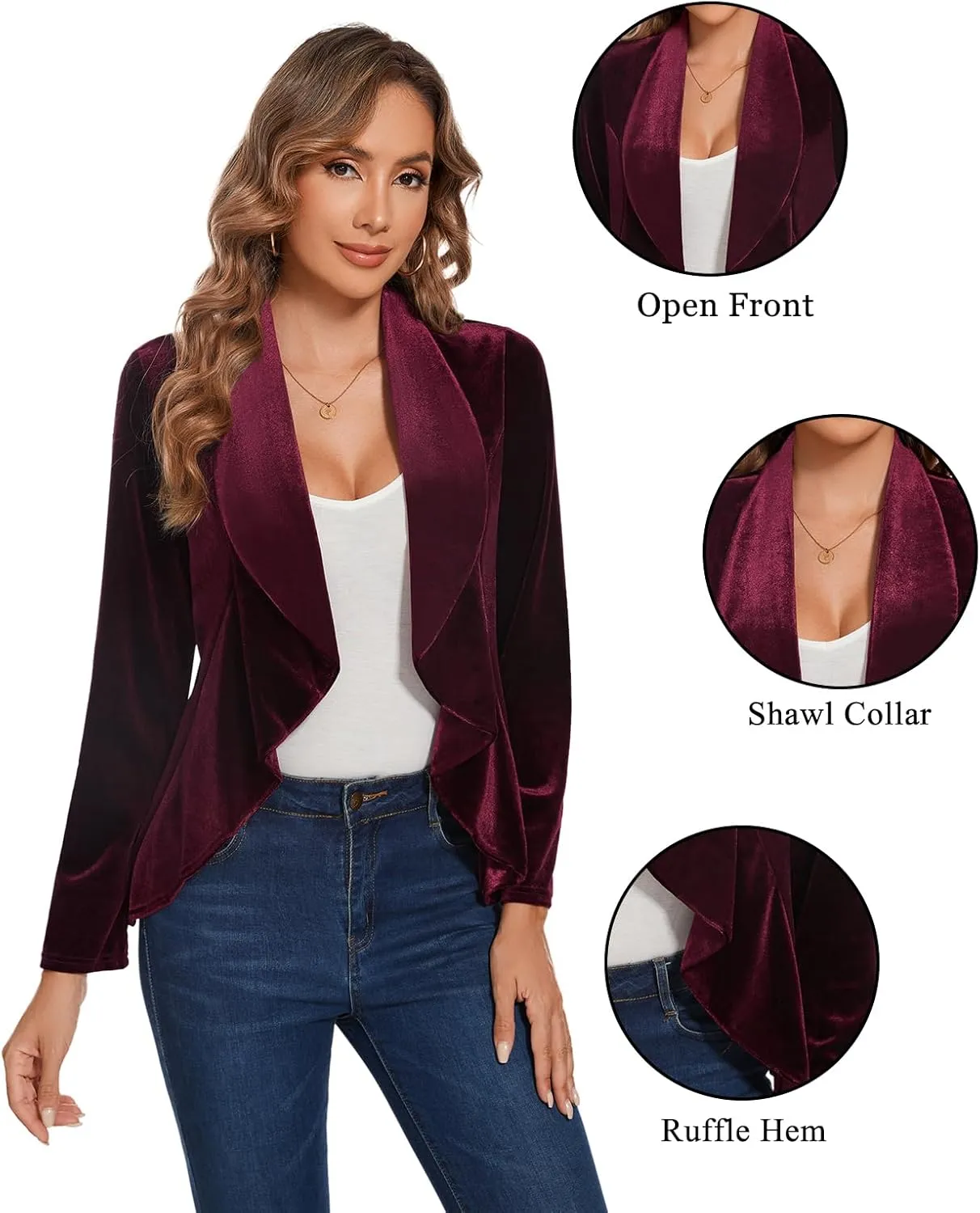 MINTLIMIT Velvet Blazers for Women Casual Work Office Long Sleeve Open Front Cardigan Ruffle Suit Jacket Coat Blazer