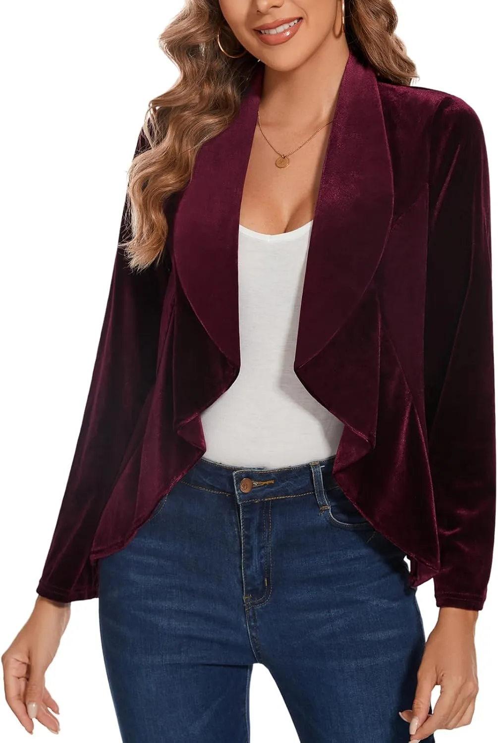 MINTLIMIT Velvet Blazers for Women Casual Work Office Long Sleeve Open Front Cardigan Ruffle Suit Jacket Coat Blazer