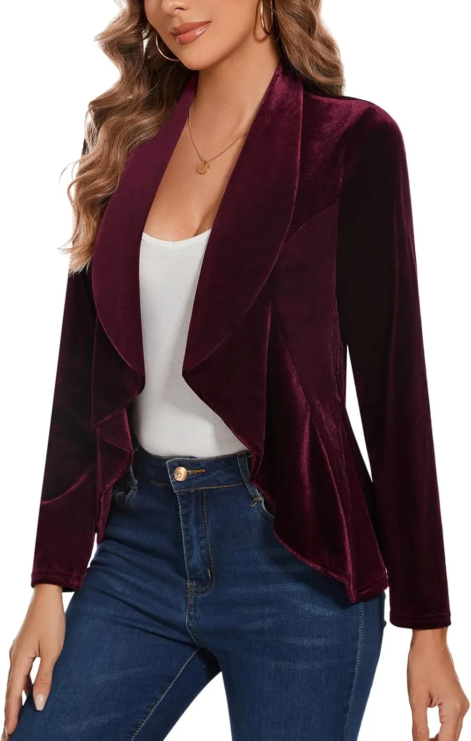 MINTLIMIT Velvet Blazers for Women Casual Work Office Long Sleeve Open Front Cardigan Ruffle Suit Jacket Coat Blazer