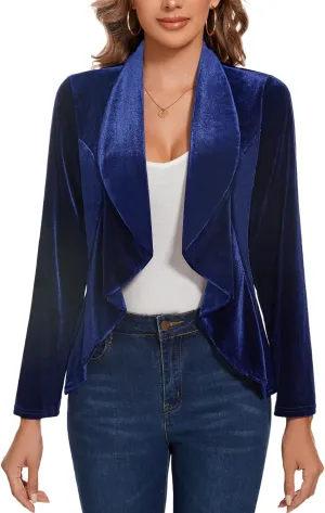 MINTLIMIT Velvet Blazers for Women Casual Work Office Long Sleeve Open Front Cardigan Ruffle Suit Jacket Coat Blazer