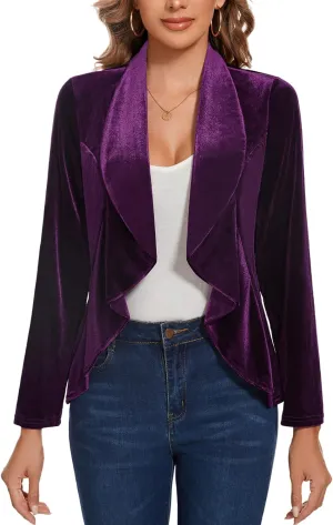 MINTLIMIT Velvet Blazers for Women Casual Work Office Long Sleeve Open Front Cardigan Ruffle Suit Jacket Coat Blazer
