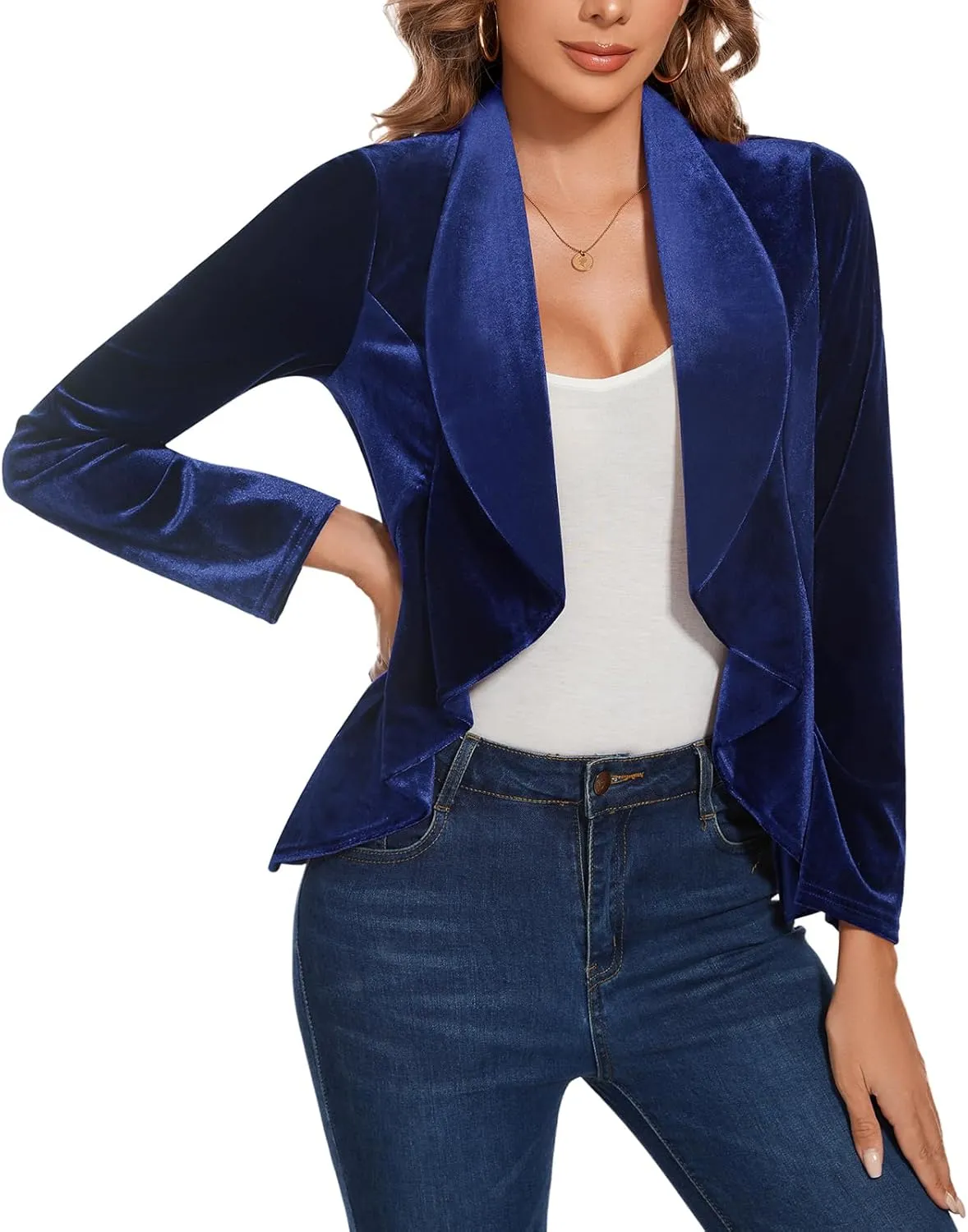 MINTLIMIT Velvet Blazers for Women Casual Work Office Long Sleeve Open Front Cardigan Ruffle Suit Jacket Coat Blazer