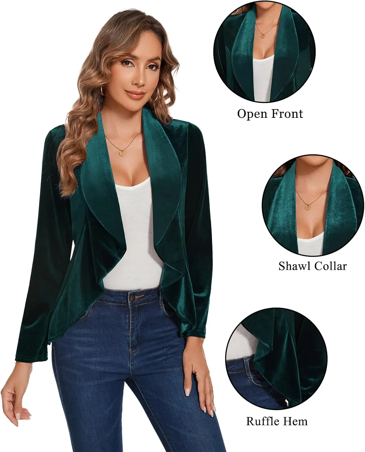MINTLIMIT Velvet Blazers for Women Casual Work Office Long Sleeve Open Front Cardigan Ruffle Suit Jacket Coat Blazer