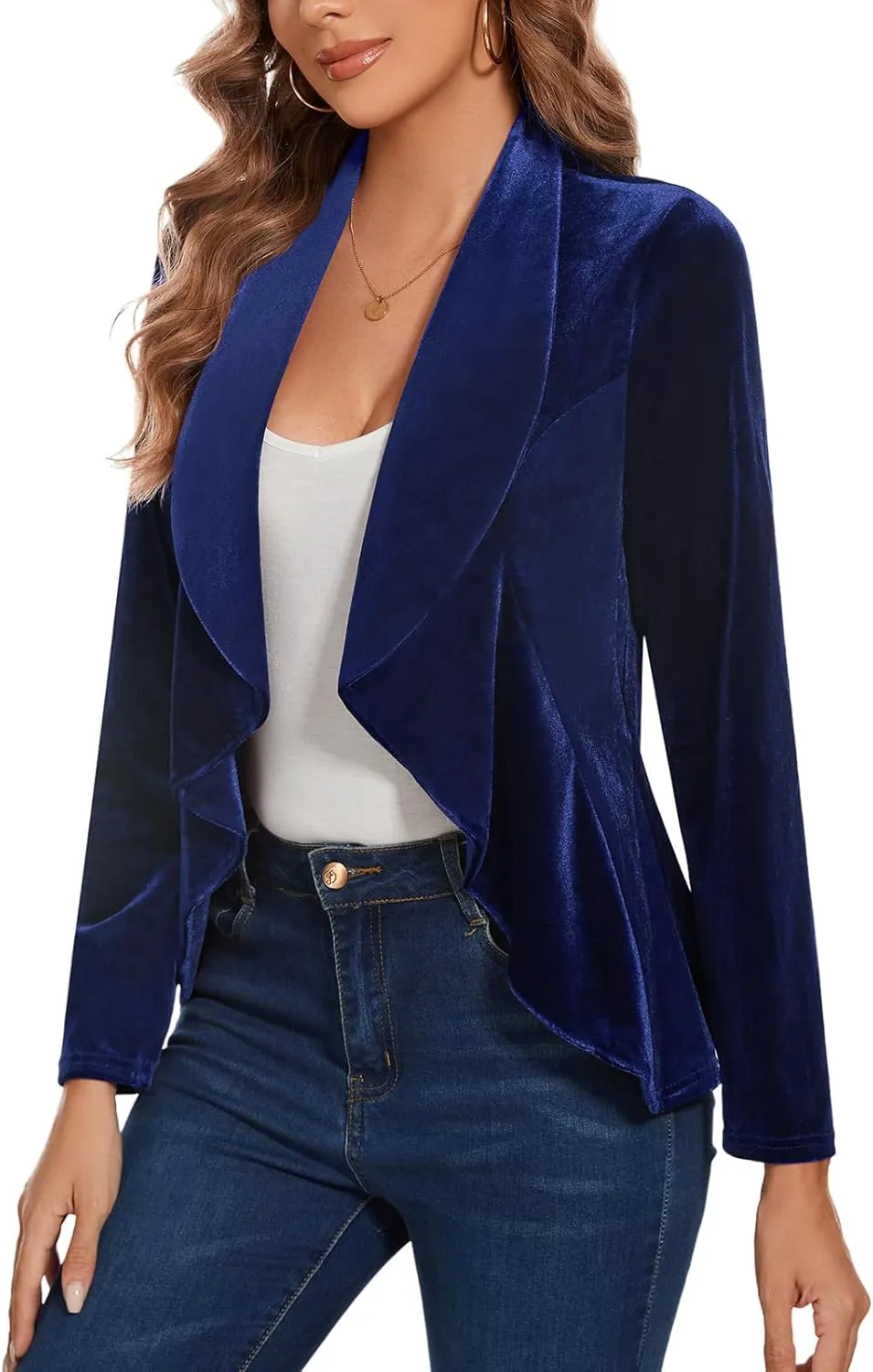 MINTLIMIT Velvet Blazers for Women Casual Work Office Long Sleeve Open Front Cardigan Ruffle Suit Jacket Coat Blazer