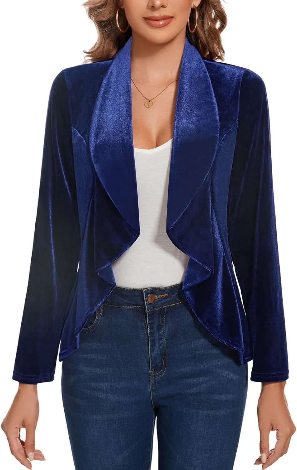 MINTLIMIT Velvet Blazers for Women Casual Work Office Long Sleeve Open Front Cardigan Ruffle Suit Jacket Coat Blazer