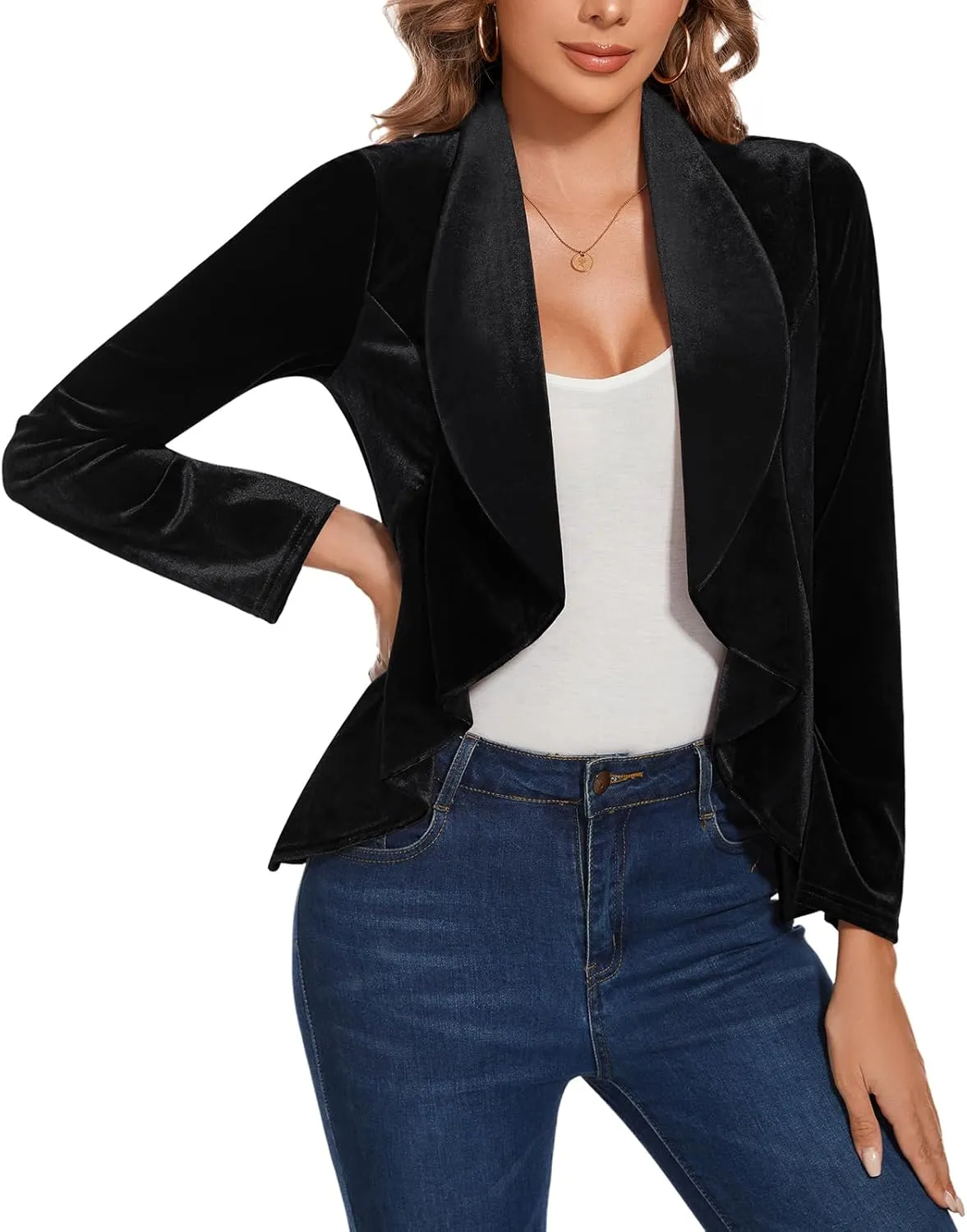 MINTLIMIT Velvet Blazers for Women Casual Work Office Long Sleeve Open Front Cardigan Ruffle Suit Jacket Coat Blazer