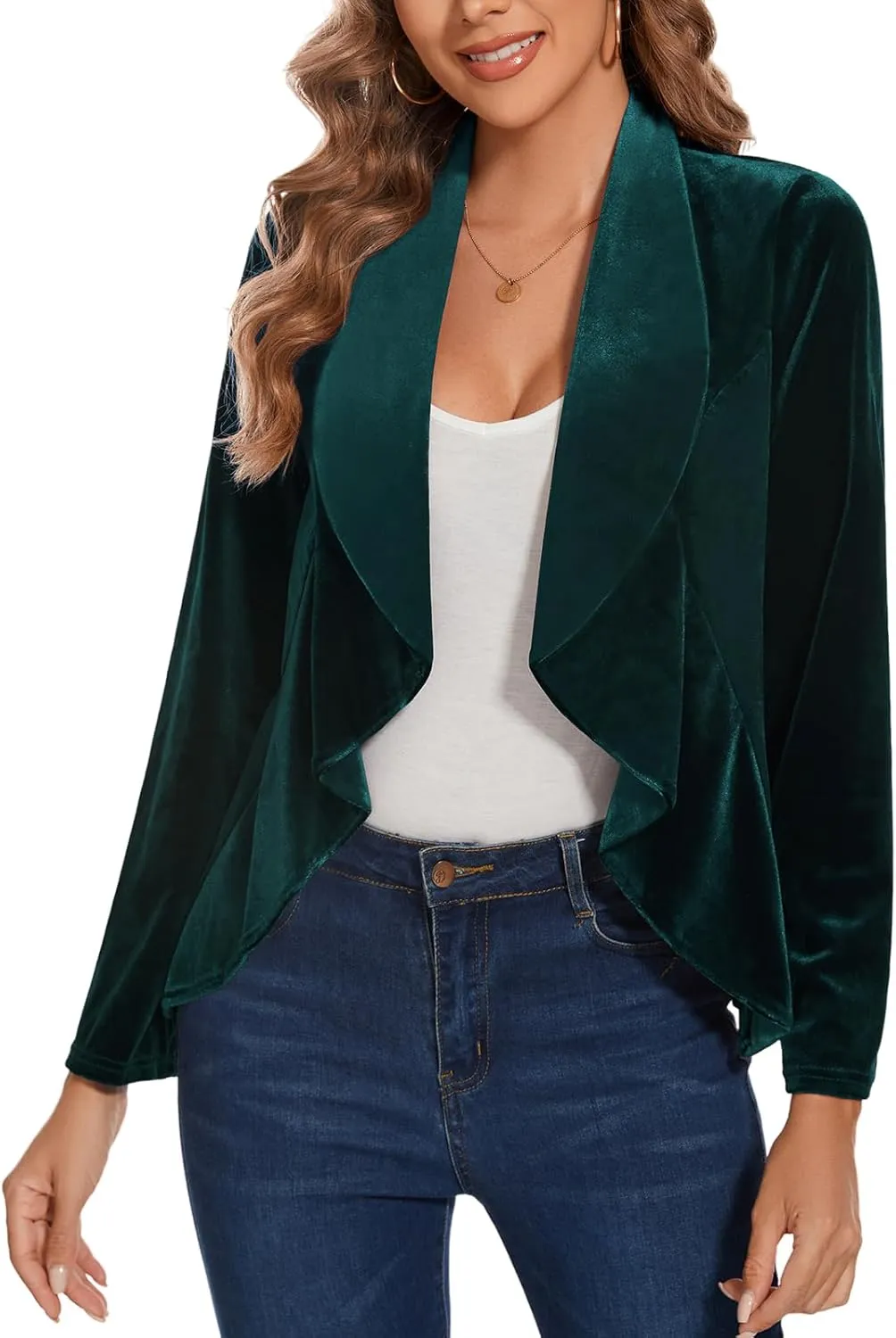 MINTLIMIT Velvet Blazers for Women Casual Work Office Long Sleeve Open Front Cardigan Ruffle Suit Jacket Coat Blazer