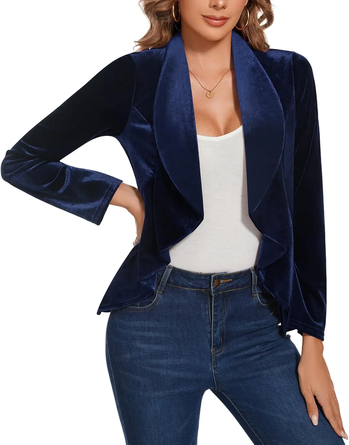 MINTLIMIT Velvet Blazers for Women Casual Work Office Long Sleeve Open Front Cardigan Ruffle Suit Jacket Coat Blazer