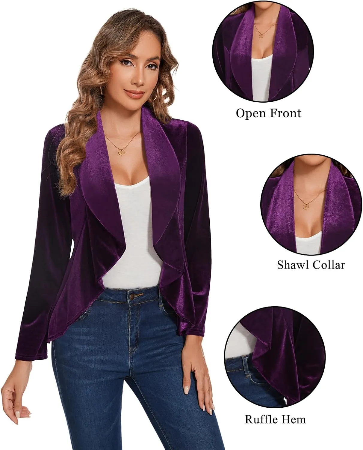 MINTLIMIT Velvet Blazers for Women Casual Work Office Long Sleeve Open Front Cardigan Ruffle Suit Jacket Coat Blazer