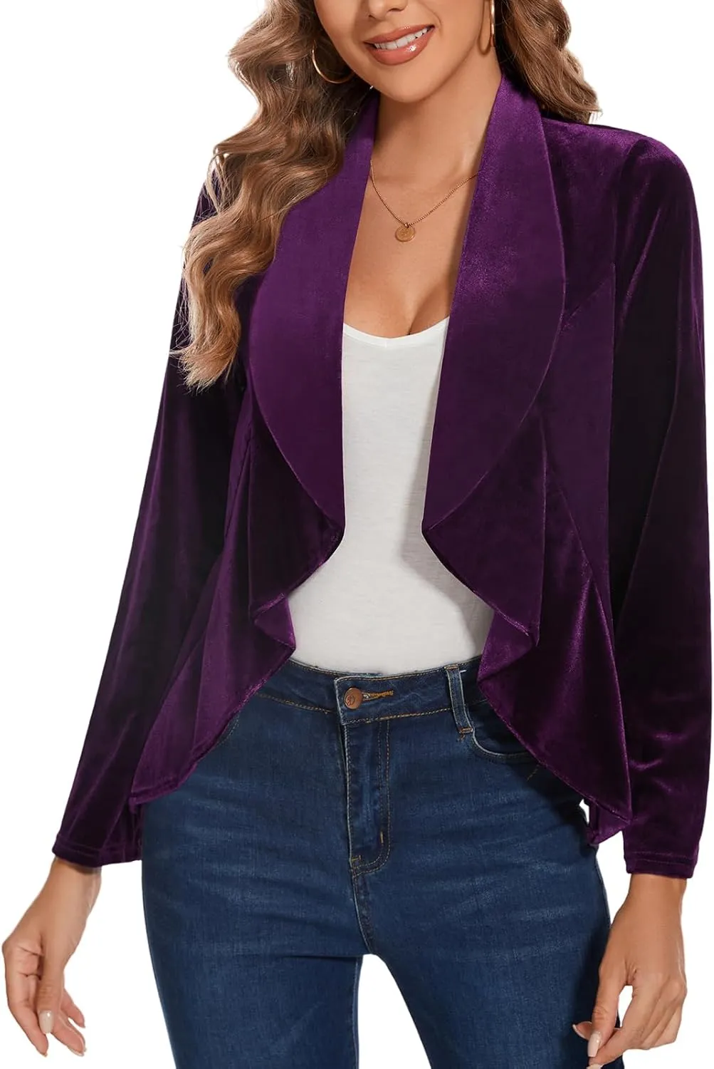 MINTLIMIT Velvet Blazers for Women Casual Work Office Long Sleeve Open Front Cardigan Ruffle Suit Jacket Coat Blazer