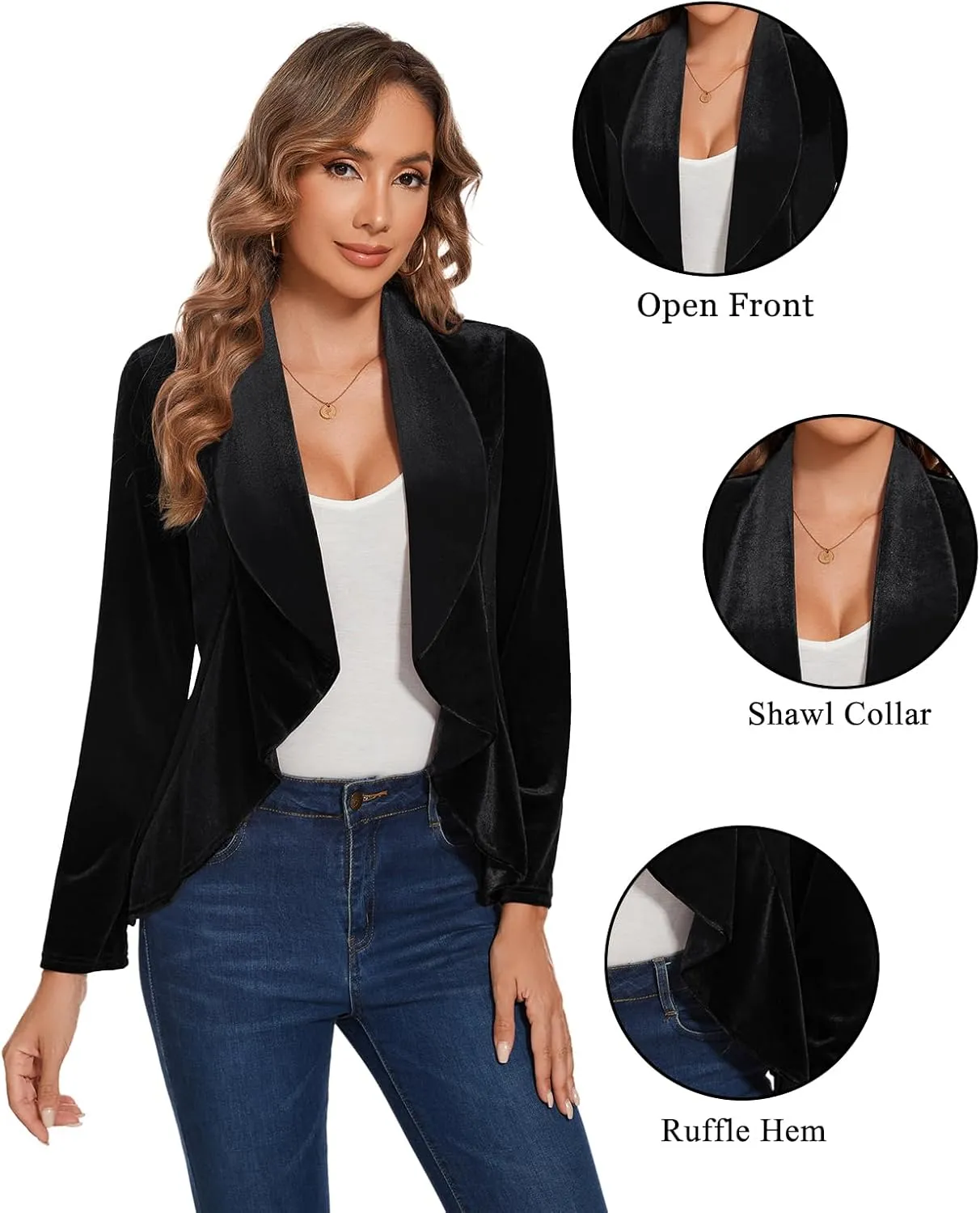 MINTLIMIT Velvet Blazers for Women Casual Work Office Long Sleeve Open Front Cardigan Ruffle Suit Jacket Coat Blazer