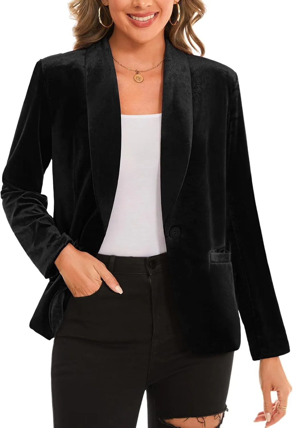 MINTLIMIT Women's Office Velvet Blazers Long Sleeve Shawl Collar 1 Button Open Front Lightweight Blazer Jacket with Pockets
