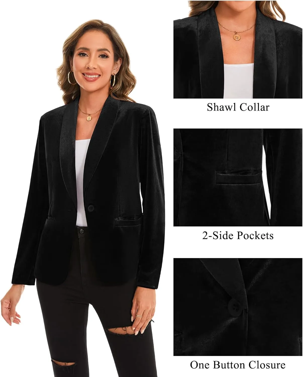 MINTLIMIT Women's Office Velvet Blazers Long Sleeve Shawl Collar 1 Button Open Front Lightweight Blazer Jacket with Pockets