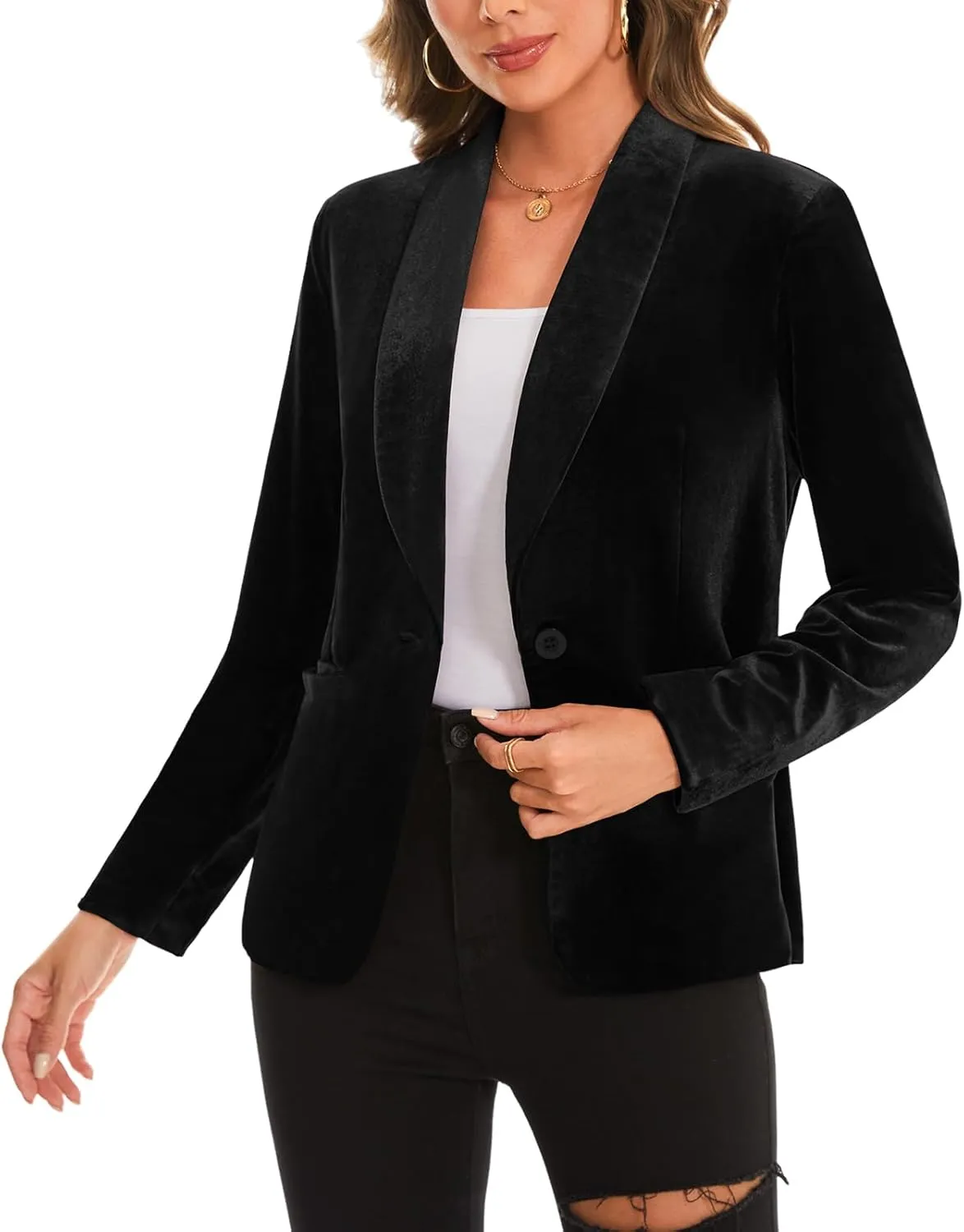 MINTLIMIT Women's Office Velvet Blazers Long Sleeve Shawl Collar 1 Button Open Front Lightweight Blazer Jacket with Pockets
