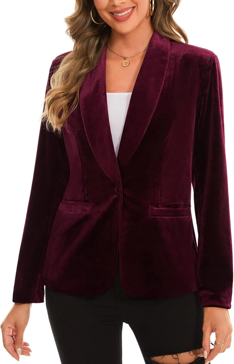 MINTLIMIT Women's Office Velvet Blazers Long Sleeve Shawl Collar 1 Button Open Front Lightweight Blazer Jacket with Pockets