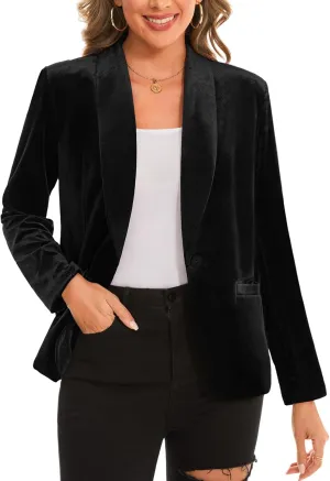 MINTLIMIT Women's Office Velvet Blazers Long Sleeve Shawl Collar 1 Button Open Front Lightweight Blazer Jacket with Pockets