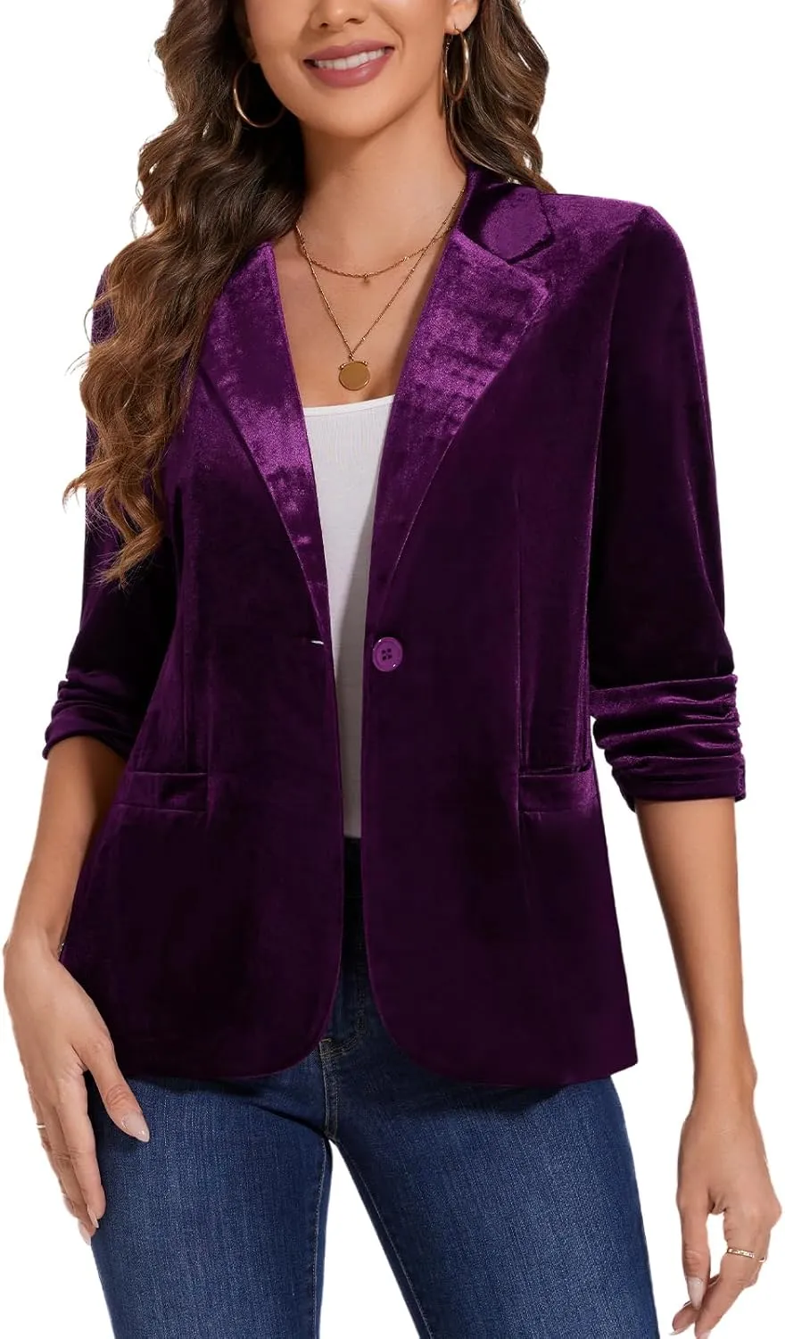 MINTLIMIT Women's Velvet Blazer Ruched 3/4 Sleeve Jacket Notch Lapel Button Open Front Casual Blazers with Pockets