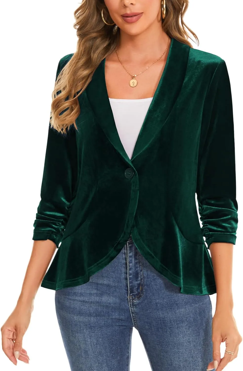 MINTLIMIT Women's Velvet Blazer Ruched 3/4 Sleeve Shawl Lapel Button Front Ruffle Tailored Cardigan Suit Jacket Blazer