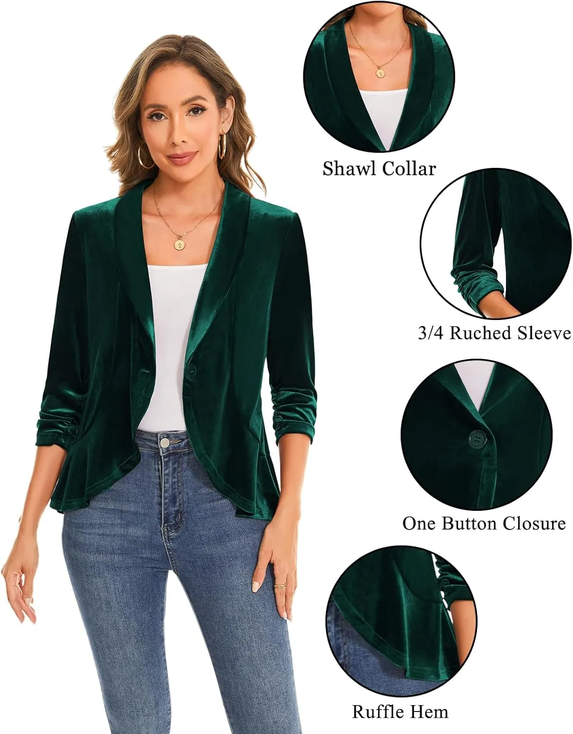 MINTLIMIT Women's Velvet Blazer Ruched 3/4 Sleeve Shawl Lapel Button Front Ruffle Tailored Cardigan Suit Jacket Blazer