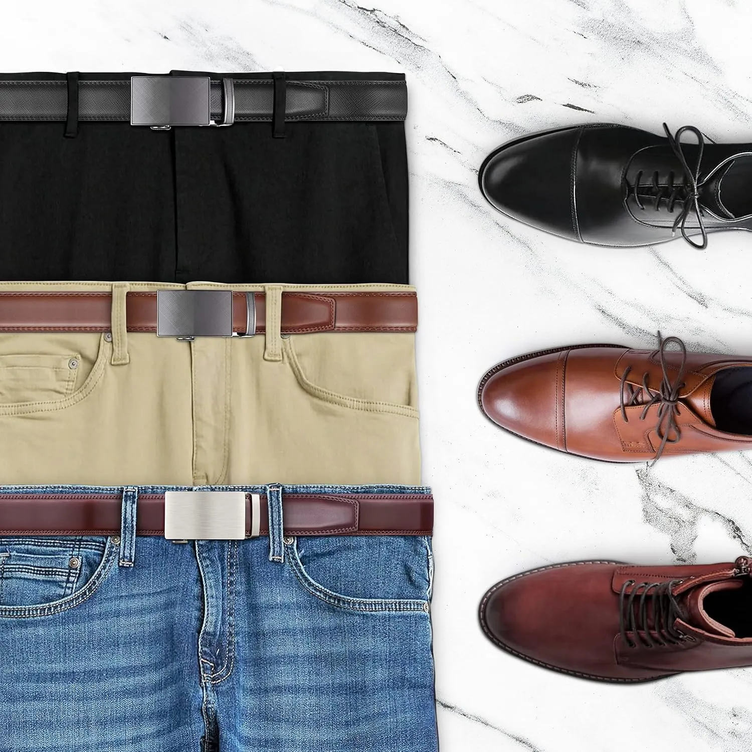 Mio Marino Mens Belt - Simple Adjustable Linxx Buckle with Genuine Leather - Modern Dress Ratchet Belts for Men - 2 Pack