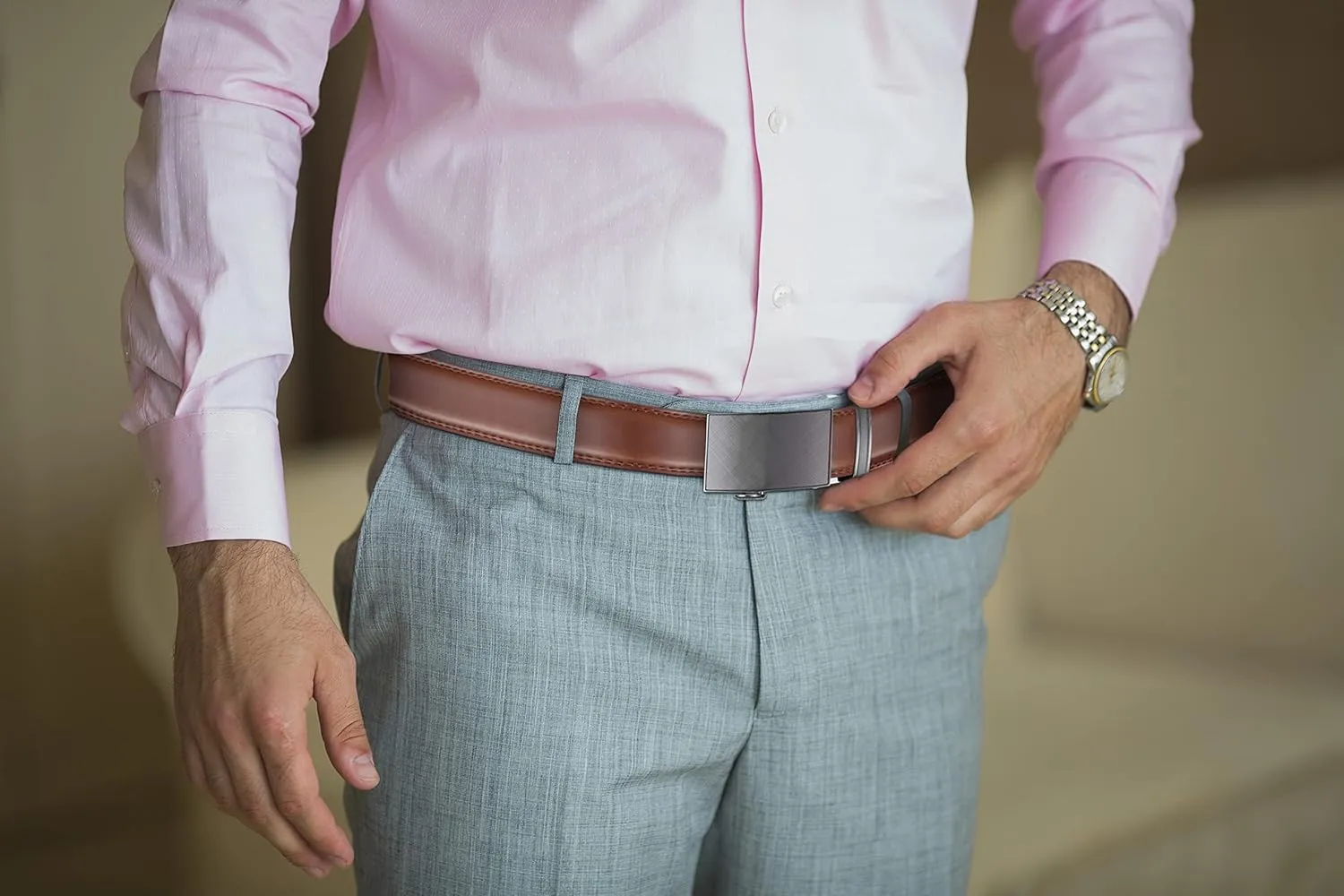 Mio Marino Mens Belt - Simple Adjustable Linxx Buckle with Genuine Leather - Modern Dress Ratchet Belts for Men - 2 Pack
