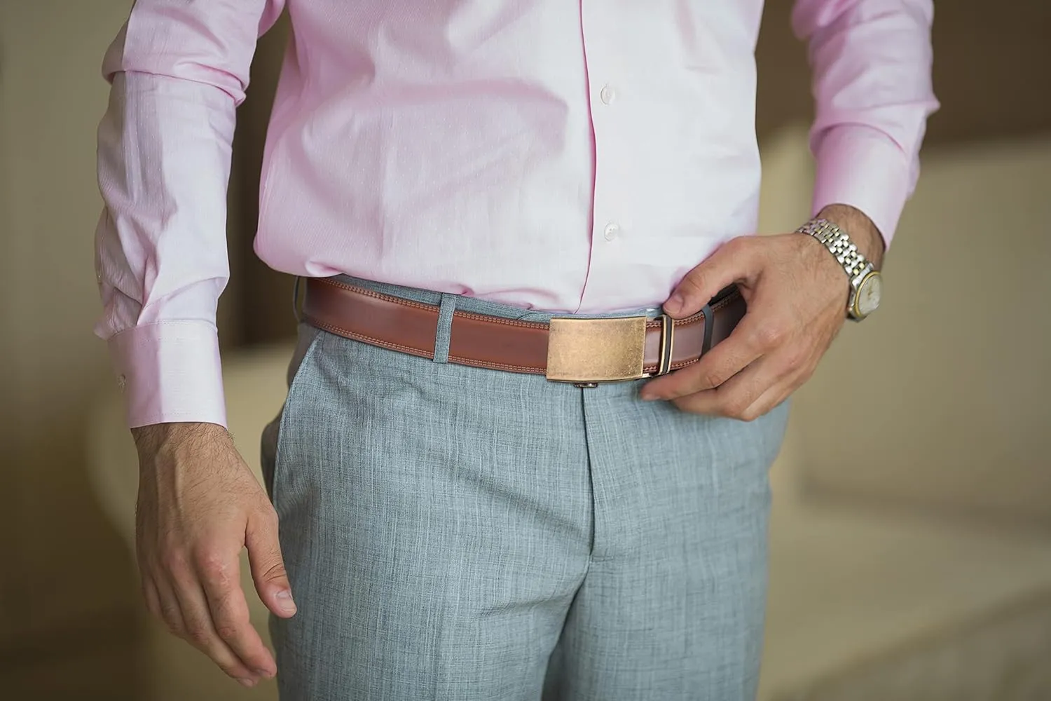 Mio Marino Mens Belt - Simple Adjustable Linxx Buckle with Genuine Leather - Modern Dress Ratchet Belts for Men - 2 Pack