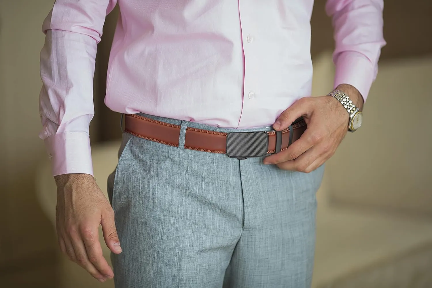 Mio Marino Mens Belt - Simple Adjustable Linxx Buckle with Genuine Leather - Modern Dress Ratchet Belts for Men - 2 Pack