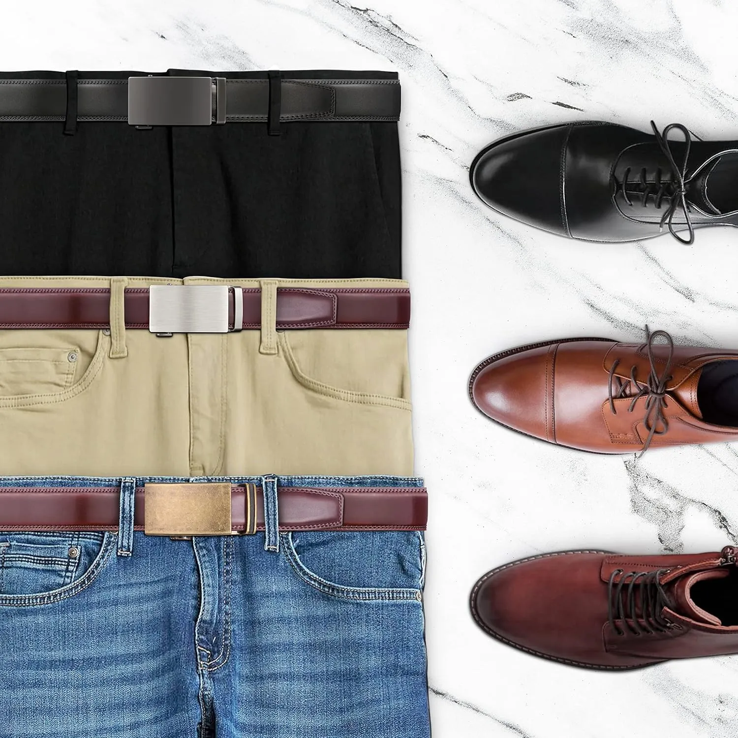 Mio Marino Mens Belt - Simple Adjustable Linxx Buckle with Genuine Leather - Modern Dress Ratchet Belts for Men - 2 Pack