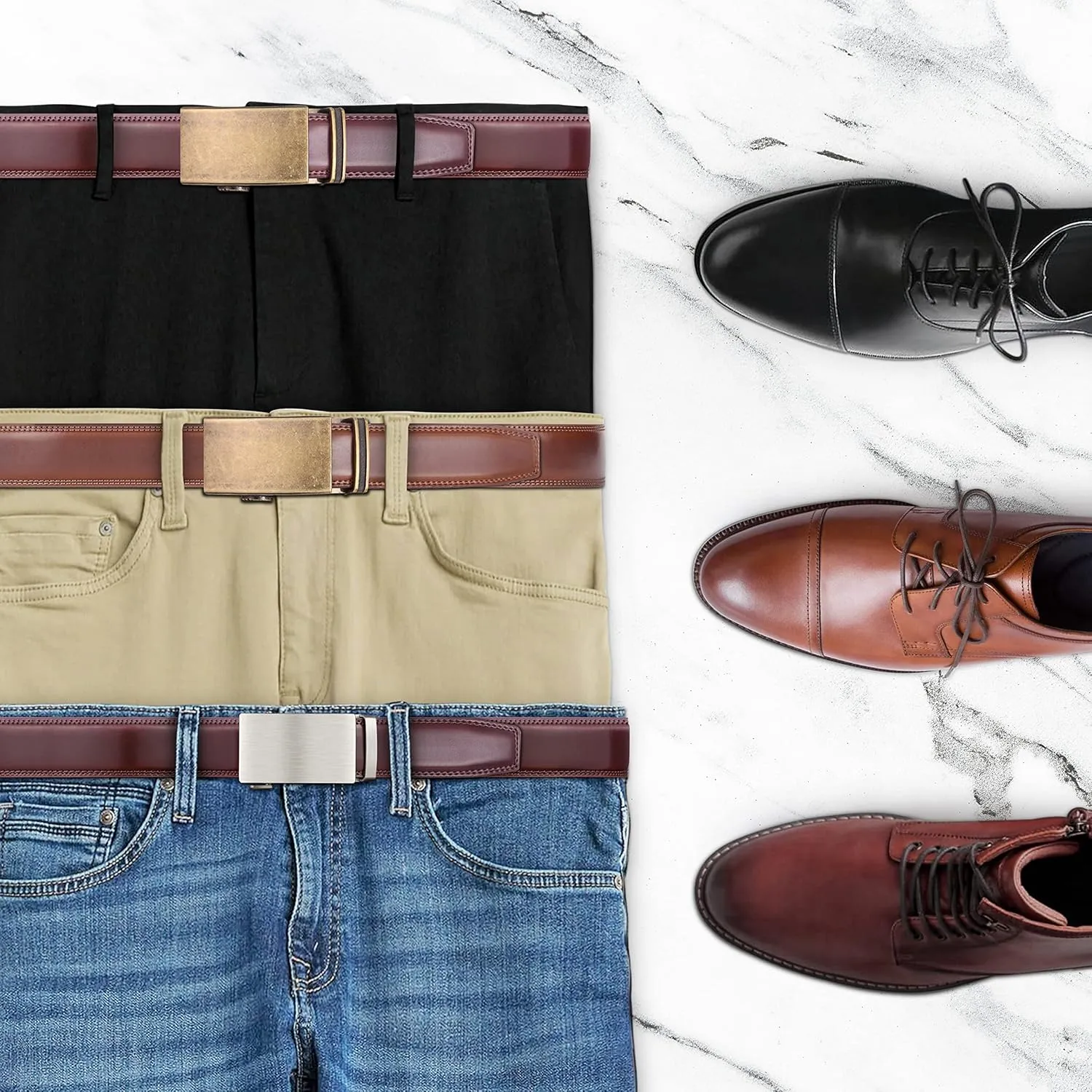 Mio Marino Mens Belt - Simple Adjustable Linxx Buckle with Genuine Leather - Modern Dress Ratchet Belts for Men - 2 Pack