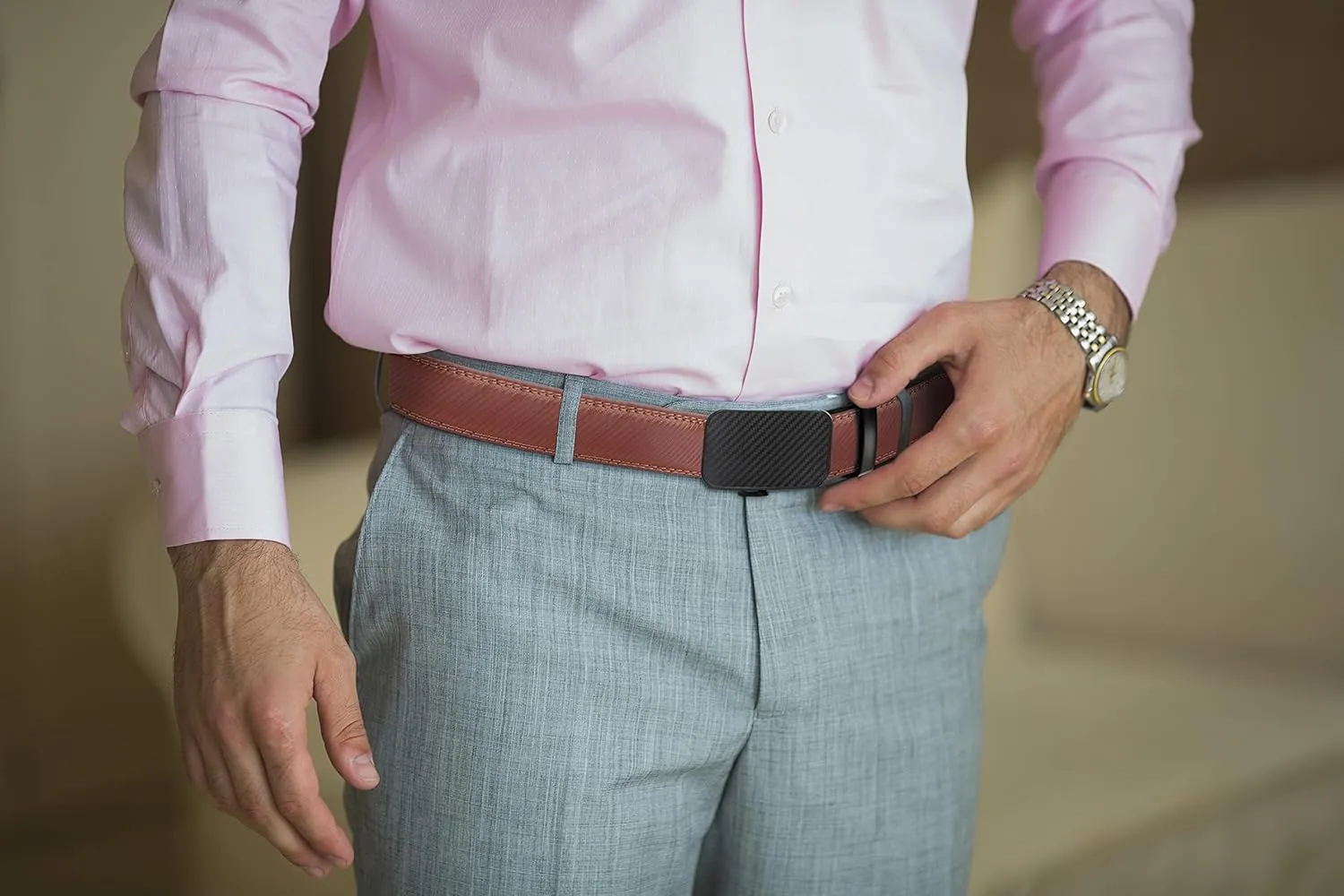 Mio Marino Mens Belt - Simple Adjustable Linxx Buckle with Genuine Leather - Modern Dress Ratchet Belts for Men - 2 Pack