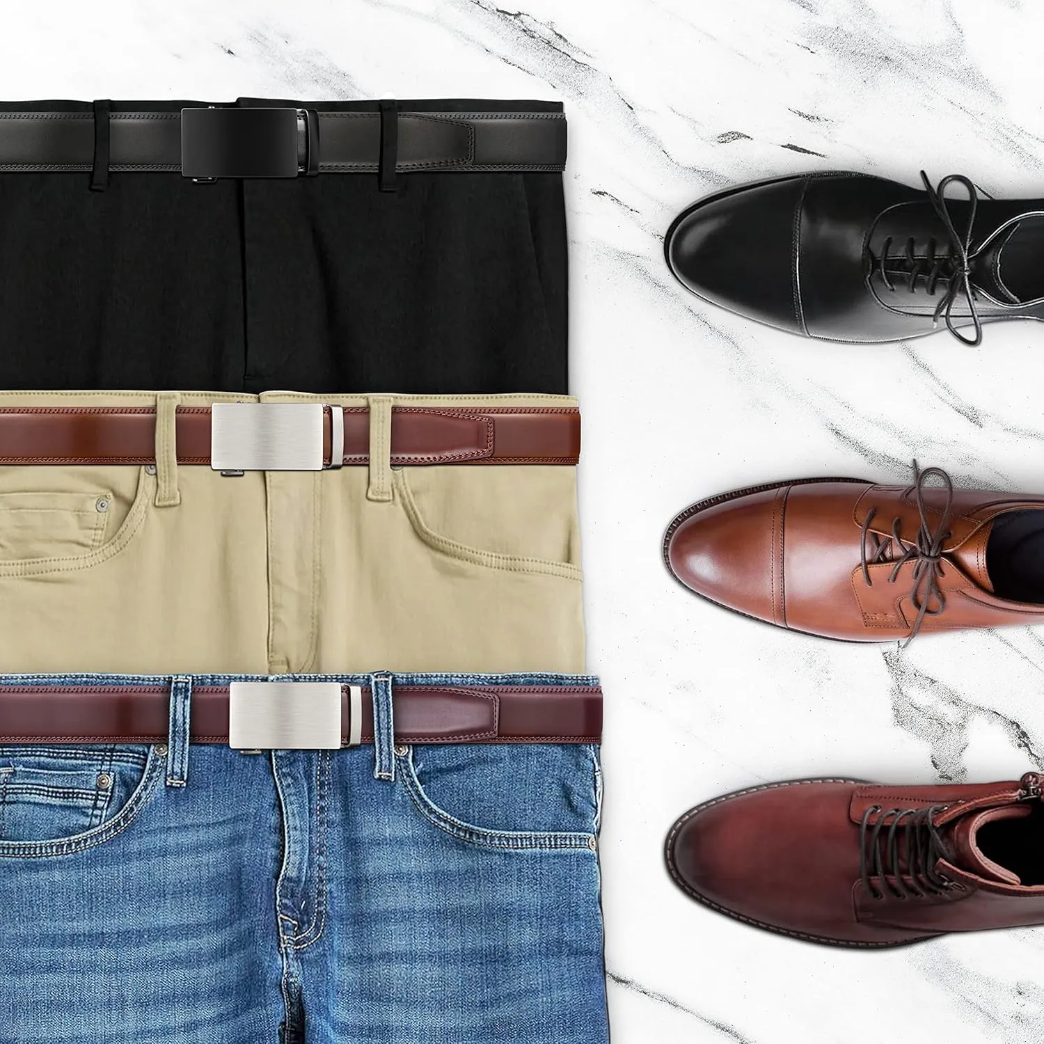 Mio Marino Mens Belt - Simple Adjustable Linxx Buckle with Genuine Leather - Modern Dress Ratchet Belts for Men - 2 Pack