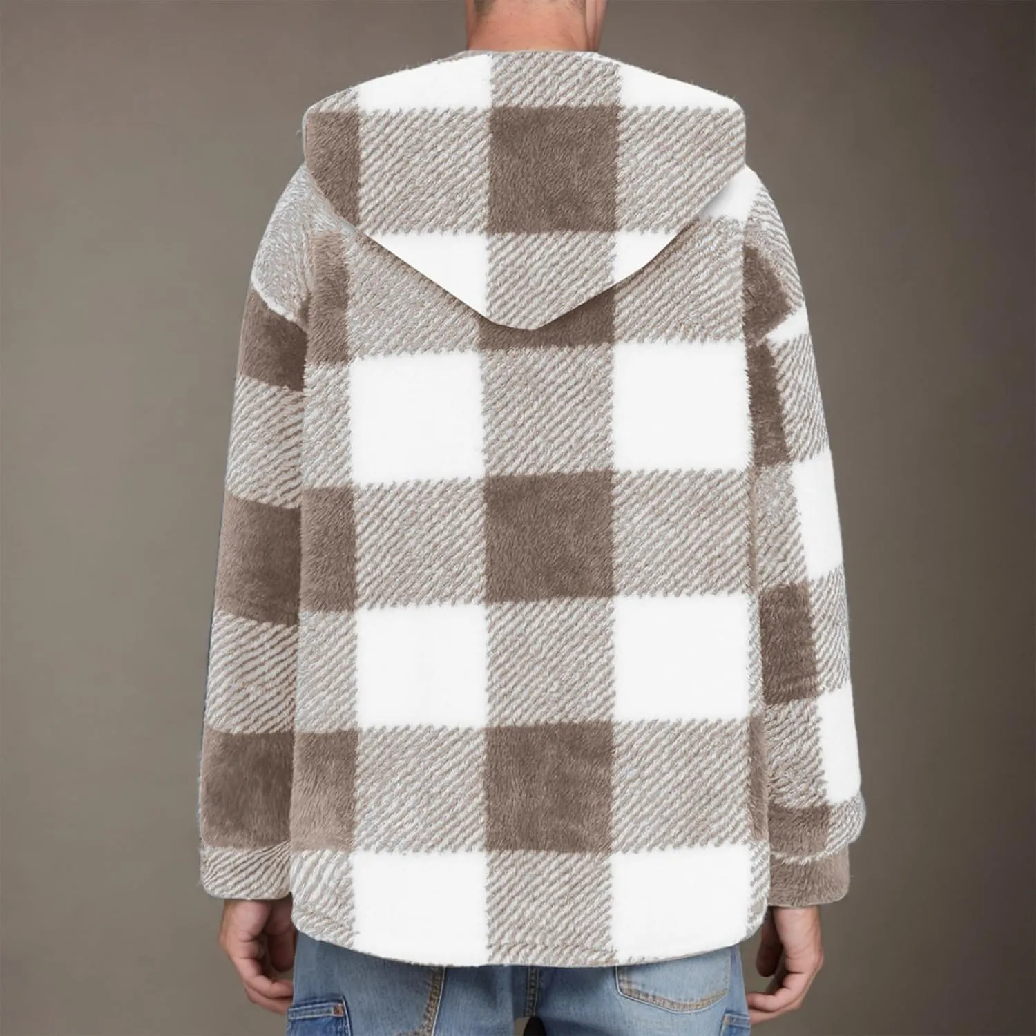 NATHGAM Men's Fleece Hooded Jacket Plaid Fuzzy Sherpa Thicken Winter Coat Fashion Plush Warm Cozy Casual Comfort Sweatshirt