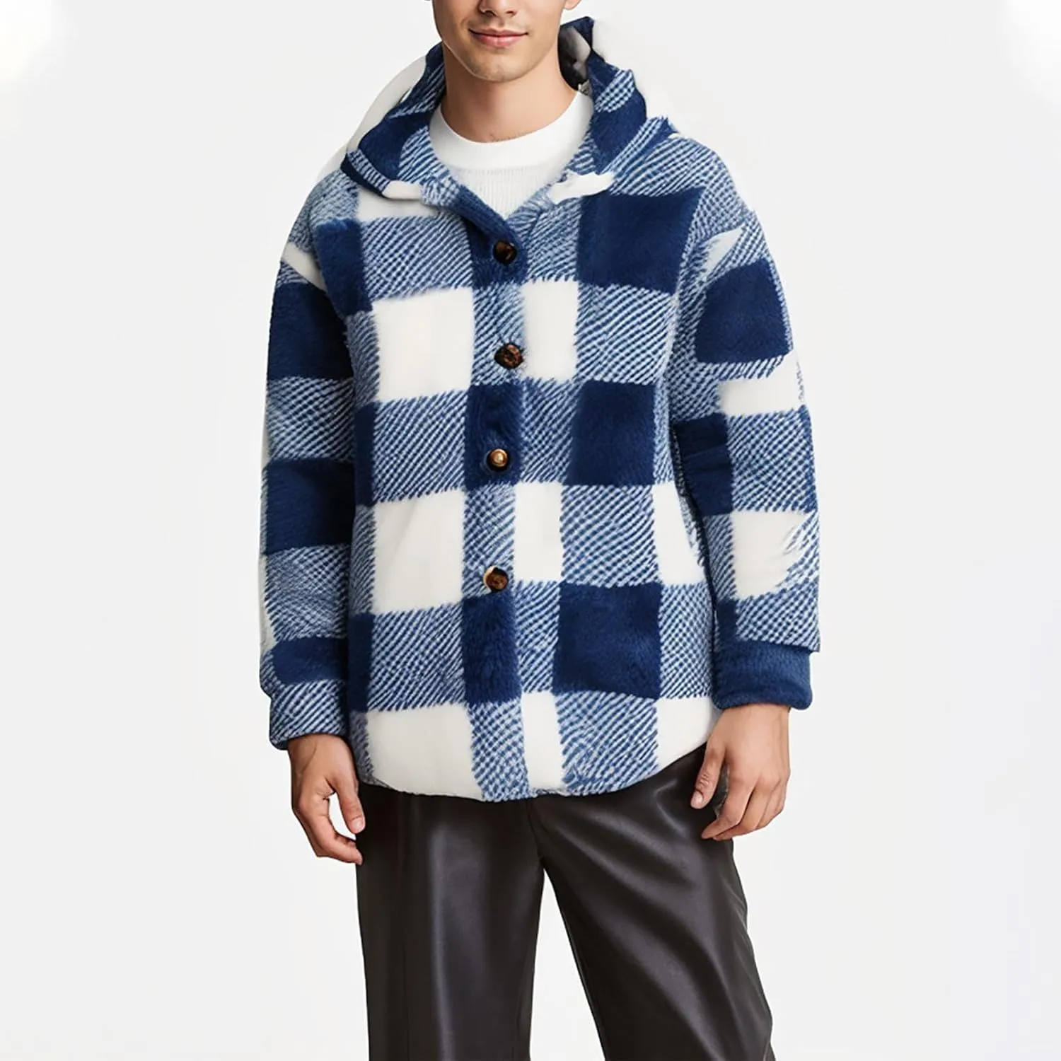 NATHGAM Men's Fleece Hooded Jacket Plaid Fuzzy Sherpa Thicken Winter Coat Fashion Plush Warm Cozy Casual Comfort Sweatshirt