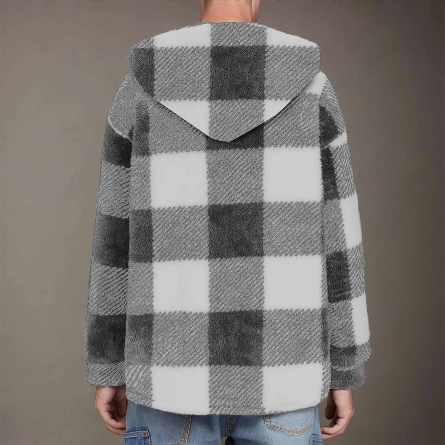 NATHGAM Men's Fleece Hooded Jacket Plaid Fuzzy Sherpa Thicken Winter Coat Fashion Plush Warm Cozy Casual Comfort Sweatshirt