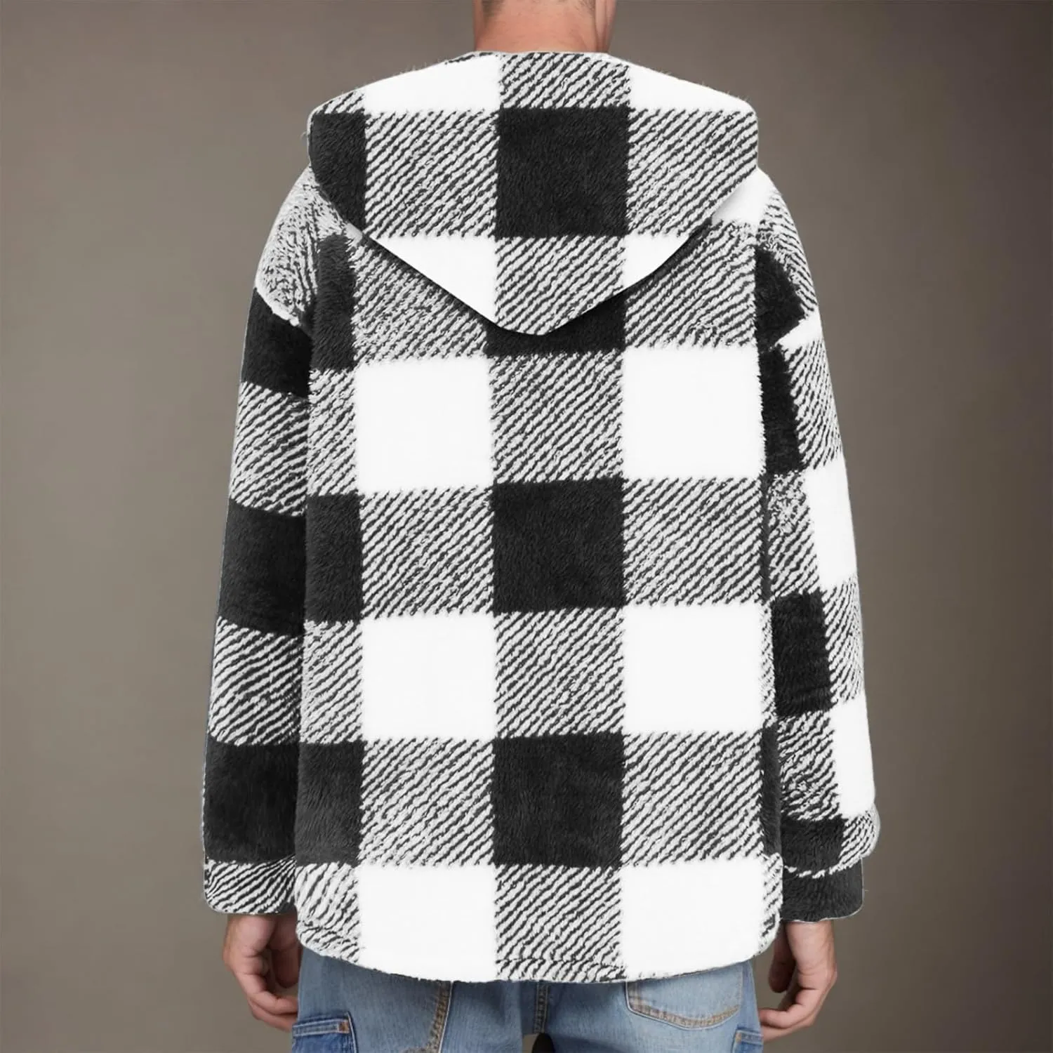 NATHGAM Men's Fleece Hooded Jacket Plaid Fuzzy Sherpa Thicken Winter Coat Fashion Plush Warm Cozy Casual Comfort Sweatshirt