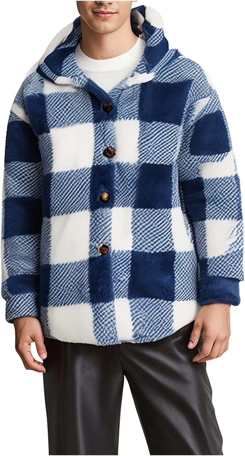 NATHGAM Men's Fleece Hooded Jacket Plaid Fuzzy Sherpa Thicken Winter Coat Fashion Plush Warm Cozy Casual Comfort Sweatshirt