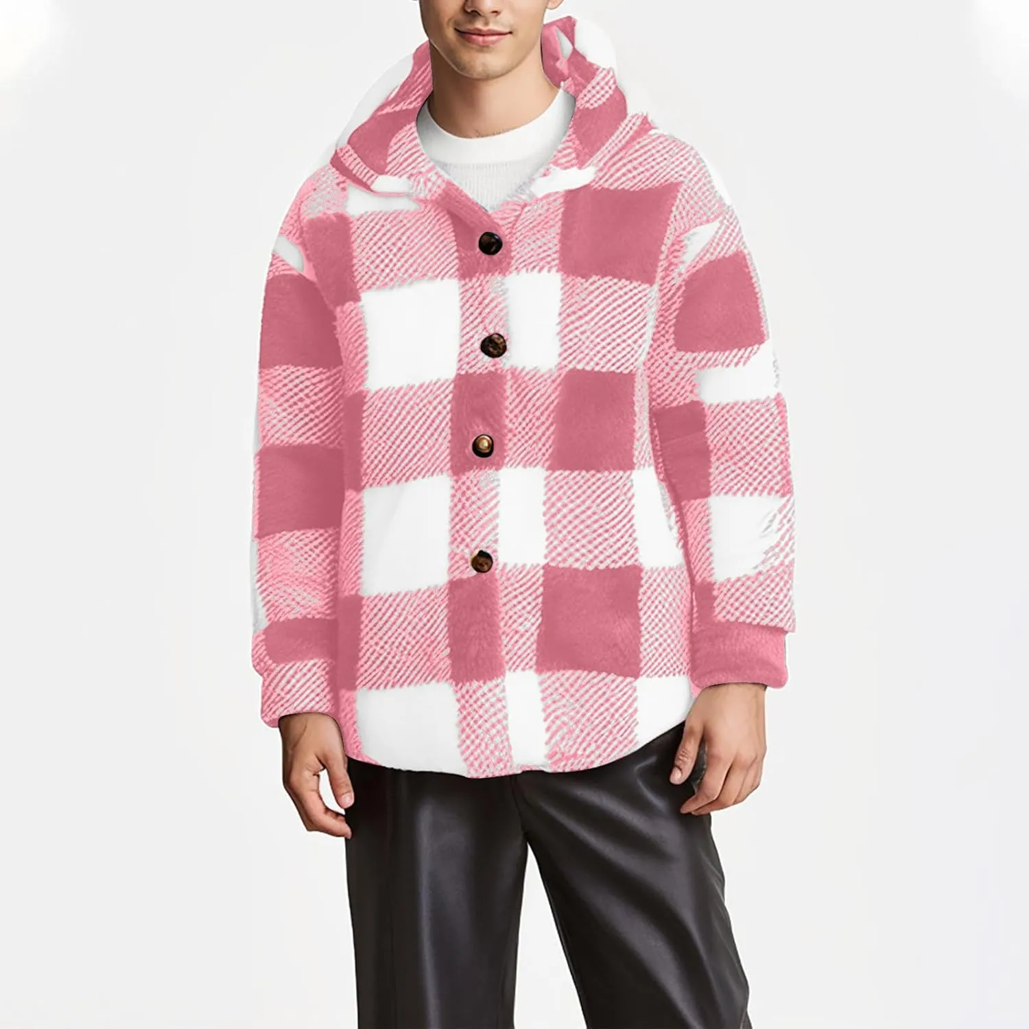 NATHGAM Men's Fleece Hooded Jacket Plaid Fuzzy Sherpa Thicken Winter Coat Fashion Plush Warm Cozy Casual Comfort Sweatshirt