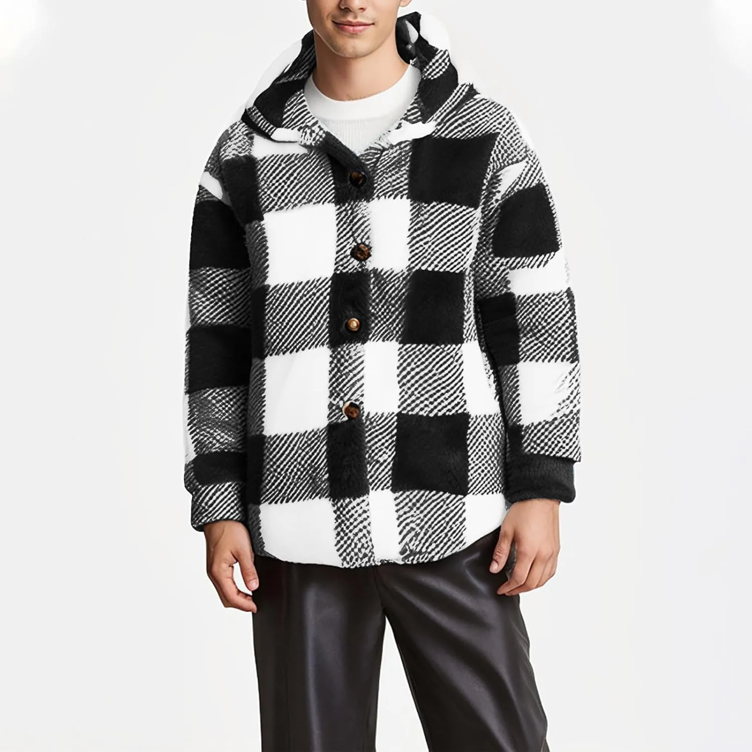 NATHGAM Men's Fleece Hooded Jacket Plaid Fuzzy Sherpa Thicken Winter Coat Fashion Plush Warm Cozy Casual Comfort Sweatshirt