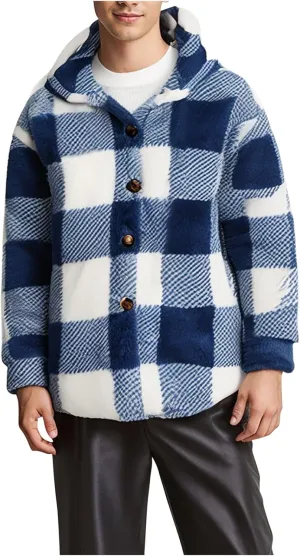 NATHGAM Men's Fleece Hooded Jacket Plaid Fuzzy Sherpa Thicken Winter Coat Fashion Plush Warm Cozy Casual Comfort Sweatshirt