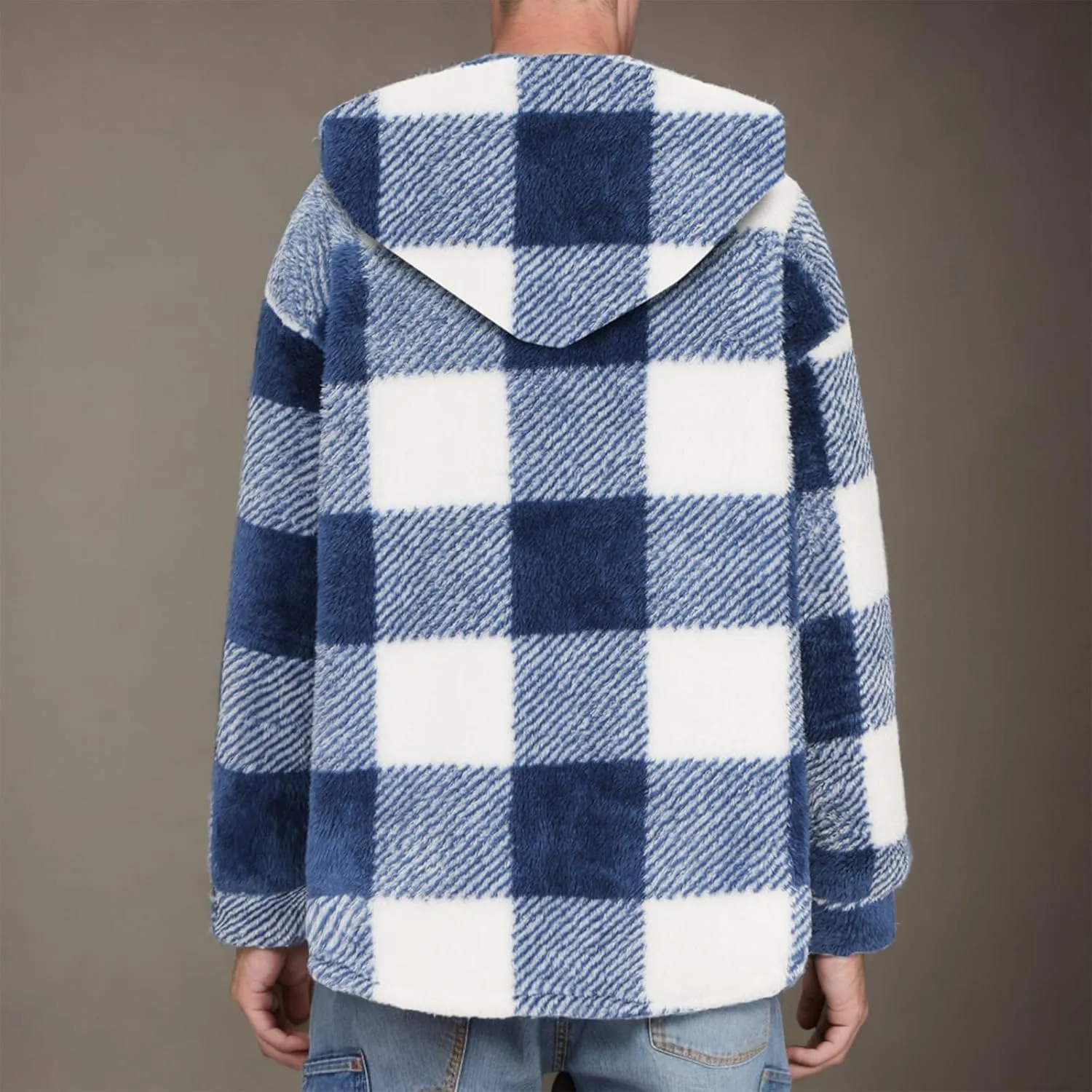 NATHGAM Men's Fleece Hooded Jacket Plaid Fuzzy Sherpa Thicken Winter Coat Fashion Plush Warm Cozy Casual Comfort Sweatshirt
