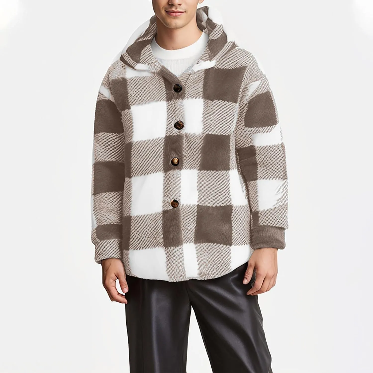 NATHGAM Men's Fleece Hooded Jacket Plaid Fuzzy Sherpa Thicken Winter Coat Fashion Plush Warm Cozy Casual Comfort Sweatshirt