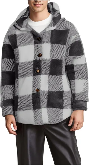 NATHGAM Men's Fleece Hooded Jacket Plaid Fuzzy Sherpa Thicken Winter Coat Fashion Plush Warm Cozy Casual Comfort Sweatshirt