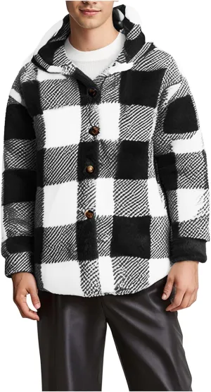 NATHGAM Men's Fleece Hooded Jacket Plaid Fuzzy Sherpa Thicken Winter Coat Fashion Plush Warm Cozy Casual Comfort Sweatshirt