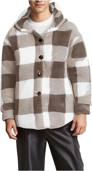 NATHGAM Men's Fleece Hooded Jacket Plaid Fuzzy Sherpa Thicken Winter Coat Fashion Plush Warm Cozy Casual Comfort Sweatshirt