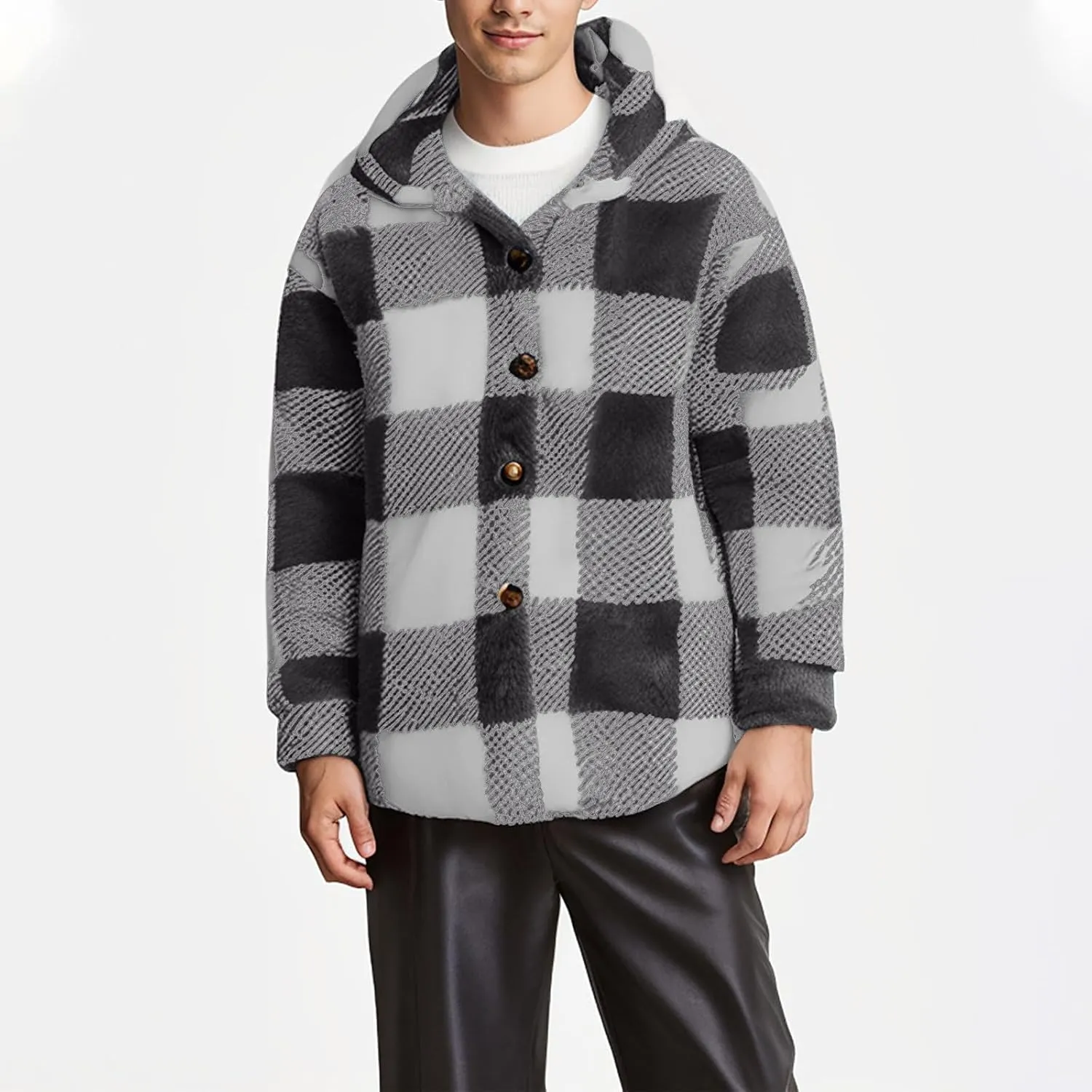 NATHGAM Men's Fleece Hooded Jacket Plaid Fuzzy Sherpa Thicken Winter Coat Fashion Plush Warm Cozy Casual Comfort Sweatshirt